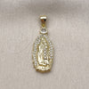 Oro Laminado Religious Pendant, Gold Filled Style Guadalupe Design, with White Cubic Zirconia, Polished, Golden Finish, 05.156.0210