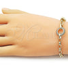 Oro Laminado Fancy Bracelet, Gold Filled Style Mariner and Puff Mariner Design, with White Micro Pave, Polished, Golden Finish, 03.213.0387.07 (Thickness, 7 Inches Length)