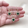Oro Laminado Earring and Pendant Adult Set, Gold Filled Style Heart and Cluster Design, with Green and White Cubic Zirconia, Polished, Golden Finish, 10.196.0192