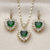 Oro Laminado Earring and Pendant Adult Set, Gold Filled Style Heart and Cluster Design, with Green and White Cubic Zirconia, Polished, Golden Finish, 10.196.0192