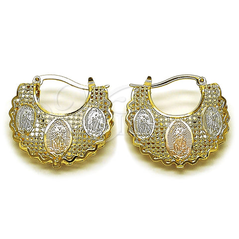 Oro Laminado Medium Hoop, Gold Filled Style Guadalupe and Filigree Design, Diamond Cutting Finish, Tricolor, 02.170.0547.30