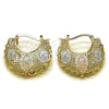 Oro Laminado Medium Hoop, Gold Filled Style Guadalupe and Filigree Design, Diamond Cutting Finish, Tricolor, 02.170.0547.30