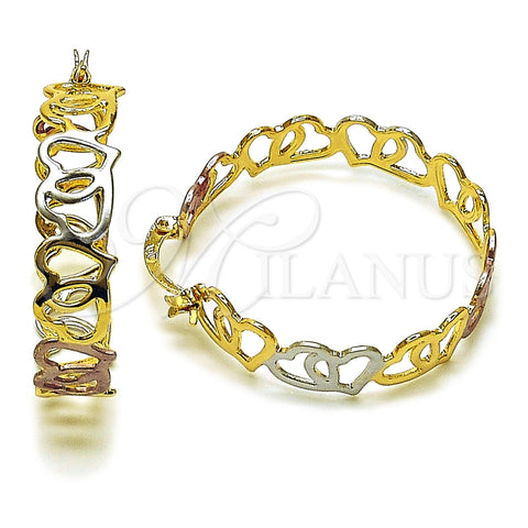 Oro Laminado Medium Hoop, Gold Filled Style Heart Design, Polished, Tricolor, 02.170.0550.35