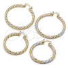 Oro Laminado Large Hoop, Gold Filled Style Twist Design, Diamond Cutting Finish, Tricolor, 02.170.0567.1.50