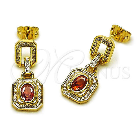 Oro Laminado Long Earring, Gold Filled Style Cluster and Belt Buckle Design, with Garnet Cubic Zirconia and White Micro Pave, Polished, Golden Finish, 02.213.0834