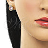 Oro Laminado Stud Earring, Gold Filled Style Cluster Design, with Pink Cubic Zirconia and White Micro Pave, Polished, Golden Finish, 02.213.0835