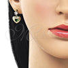 Oro Laminado Stud Earring, Gold Filled Style Heart Design, with Green and White Cubic Zirconia, Polished, Golden Finish, 02.213.0836