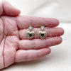Oro Laminado Stud Earring, Gold Filled Style Heart Design, with Green and White Cubic Zirconia, Polished, Golden Finish, 02.213.0836