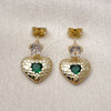 Oro Laminado Stud Earring, Gold Filled Style Heart Design, with Green and White Cubic Zirconia, Polished, Golden Finish, 02.213.0836