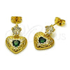 Oro Laminado Stud Earring, Gold Filled Style Heart Design, with Green and White Cubic Zirconia, Polished, Golden Finish, 02.213.0836