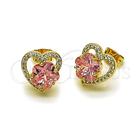 Oro Laminado Stud Earring, Gold Filled Style Heart and Flower Design, with Pink Cubic Zirconia and White Micro Pave, Polished, Golden Finish, 02.213.0144.1