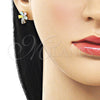 Oro Laminado Stud Earring, Gold Filled Style Flower Design, with Multicolor and White Cubic Zirconia, Polished, Golden Finish, 02.213.0840