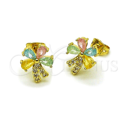 Oro Laminado Stud Earring, Gold Filled Style Flower Design, with Multicolor and White Cubic Zirconia, Polished, Golden Finish, 02.213.0840