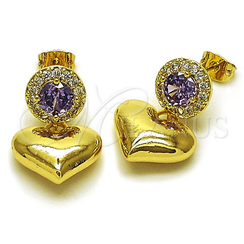 Oro Laminado Dangle Earring, Gold Filled Style Heart and Cluster Design, with Amethyst and White Cubic Zirconia, Polished, Golden Finish, 02.213.0844