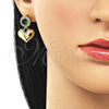 Oro Laminado Dangle Earring, Gold Filled Style Heart and Cluster Design, with Green and White Cubic Zirconia, Polished, Golden Finish, 02.213.0844.2