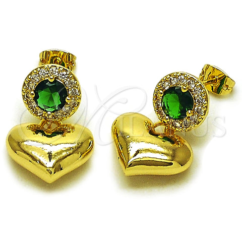 Oro Laminado Dangle Earring, Gold Filled Style Heart and Cluster Design, with Green and White Cubic Zirconia, Polished, Golden Finish, 02.213.0844.2