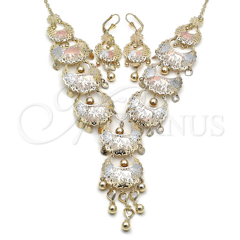 Oro Laminado Necklace and Earring, Gold Filled Style Elephant and Heart Design, with White Crystal, Diamond Cutting Finish, Tricolor, 06.331.0009