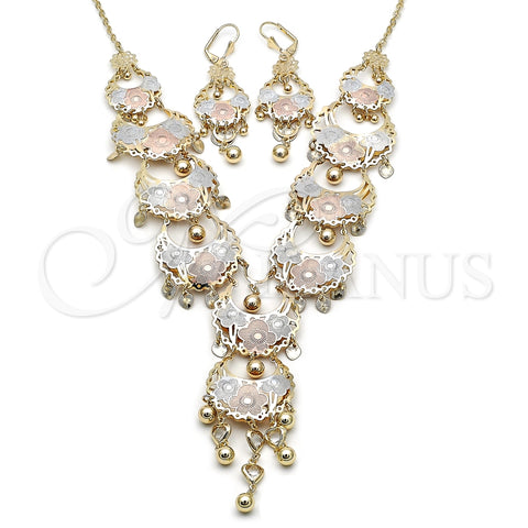 Oro Laminado Necklace and Earring, Gold Filled Style Flower and Heart Design, with White Crystal, Diamond Cutting Finish, Tricolor, 06.331.0011