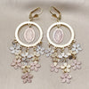 Oro Laminado Chandelier Earring, Gold Filled Style Guadalupe and Flower Design, Diamond Cutting Finish, Tricolor, 02.331.0067