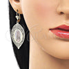 Oro Laminado Dangle Earring, Gold Filled Style Leaf and Guadalupe Design, Polished, Tricolor, 02.331.0074