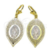 Oro Laminado Dangle Earring, Gold Filled Style Leaf and Guadalupe Design, Polished, Tricolor, 02.331.0074