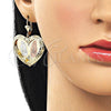 Oro Laminado Dangle Earring, Gold Filled Style Heart and Guadalupe Design, Diamond Cutting Finish, Tricolor, 02.331.0075