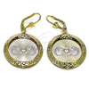 Oro Laminado Dangle Earring, Gold Filled Style Dolphin and Heart Design, Diamond Cutting Finish, Tricolor, 02.331.0076