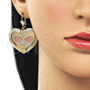 Oro Laminado Dangle Earring, Gold Filled Style Heart and Butterfly Design, Diamond Cutting Finish, Tricolor, 02.331.0077
