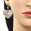 Oro Laminado Dangle Earring, Gold Filled Style Heart and Elephant Design, Diamond Cutting Finish, Tricolor, 02.331.0078