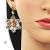 Oro Laminado Dangle Earring, Gold Filled Style Flower and Guadalupe Design, Diamond Cutting Finish, Tricolor, 02.331.0079