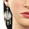 Oro Laminado Chandelier Earring, Gold Filled Style Guadalupe and Leaf Design, Diamond Cutting Finish, Tricolor, 02.331.0080