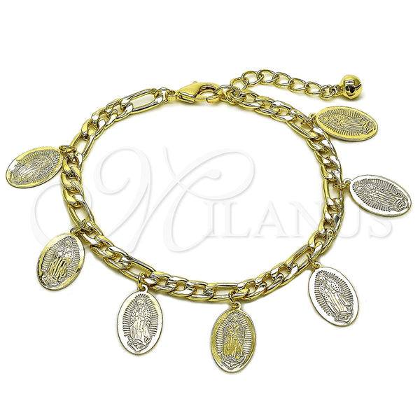 Oro Laminado Charm Bracelet, Gold Filled Style Guadalupe and Figaro Design, Polished, Golden Finish, 03.331.0085.1.07
