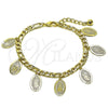 Oro Laminado Charm Bracelet, Gold Filled Style Guadalupe and Figaro Design, Polished, Golden Finish, 03.331.0085.1.07 (Thickness, 7 Inches Length)
