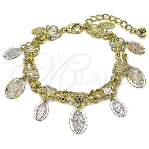 Oro Laminado Charm Bracelet, Gold Filled Style Guadalupe Design, Matte Finish, Tricolor, 03.331.0336.07