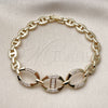 Oro Laminado Fancy Bracelet, Gold Filled Style Puff Mariner and Mariner Design, with White Cubic Zirconia, Polished, Golden Finish, 03.283.0501.07 (Thickness, 8 Inches Length)