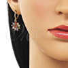 Oro Laminado Long Earring, Gold Filled Style Flower Design, with Multicolor Cubic Zirconia, Polished, Golden Finish, 02.283.0298