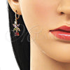 Oro Laminado Long Earring, Gold Filled Style Flower and Teardrop Design, with Multicolor Cubic Zirconia, Polished, Golden Finish, 02.283.0300