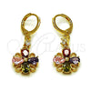 Oro Laminado Long Earring, Gold Filled Style Flower Design, with Multicolor Cubic Zirconia, Polished, Golden Finish, 02.283.0301