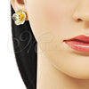 Oro Laminado Stud Earring, Gold Filled Style Flower Design, Diamond Cutting Finish, Golden Finish, 02.428.0060