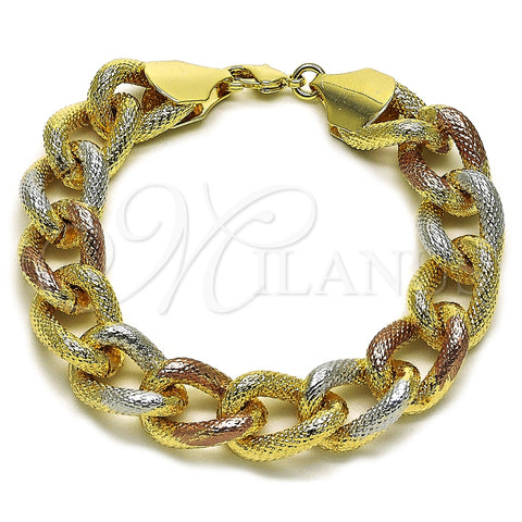 Oro Laminado Fancy Bracelet, Gold Filled Style Miami Cuban Design, Diamond Cutting Finish, Tricolor, 03.331.0236.1.09