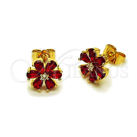 Oro Laminado Stud Earring, Gold Filled Style Flower Design, with Garnet and White Cubic Zirconia, Polished, Golden Finish, 02.344.0177