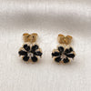 Oro Laminado Stud Earring, Gold Filled Style Flower Design, with Black and White Cubic Zirconia, Polished, Golden Finish, 02.344.0177.2