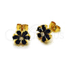 Oro Laminado Stud Earring, Gold Filled Style Flower Design, with Black and White Cubic Zirconia, Polished, Golden Finish, 02.344.0177.2