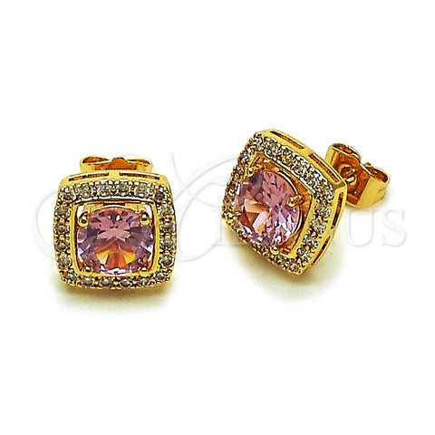 Oro Laminado Stud Earring, Gold Filled Style Cluster Design, with Pink and White Cubic Zirconia, Polished, Golden Finish, 02.344.0178