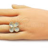 Oro Laminado Elegant Ring, Gold Filled Style Four-leaf Clover Design, Diamond Cutting Finish, Golden Finish, 01.428.0016