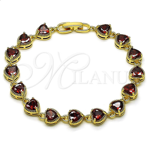 Oro Laminado Tennis Bracelet, Gold Filled Style Heart Design, with Garnet Cubic Zirconia, Polished, Golden Finish, 03.283.0520.1.07