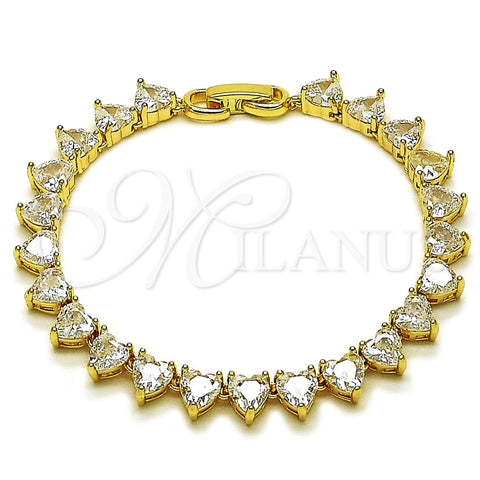 Oro Laminado Tennis Bracelet, Gold Filled Style Heart Design, with White Cubic Zirconia, Polished, Golden Finish, 03.283.0542.07