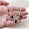 Oro Laminado Earring and Pendant Adult Set, Gold Filled Style Teardrop and Cluster Design, with Sapphire Blue and White Cubic Zirconia, Polished, Golden Finish, 10.438.0002.2