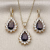 Oro Laminado Earring and Pendant Adult Set, Gold Filled Style Teardrop and Cluster Design, with Amethyst and White Cubic Zirconia, Polished, Golden Finish, 10.438.0002.4
