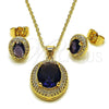 Oro Laminado Earring and Pendant Adult Set, Gold Filled Style Cluster Design, with Amethyst Cubic Zirconia and White Micro Pave, Polished, Golden Finish, 10.438.0003.4